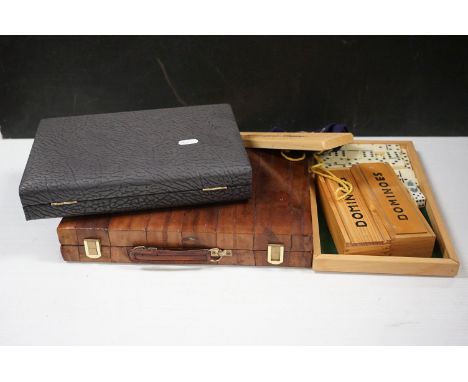 Collection of vintage games to include backgammon, dominoes, and cribbage 