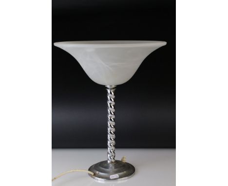 Art Deco Chrome Table Lamp with a Twisted Stem and Frosted Glass Shade, 38cms high 