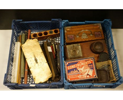 Nine Brass and other Spring Balances including Salter together with Six Thermometers, Four Pen Stands, Three Inkwells, Boxed 