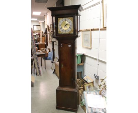 19th century Oak Longcase Clock with square hood (glass to front missing), the brass face with silvered chapter dial having r