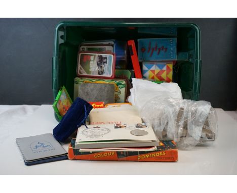 A box of mixed collectables to include vintage games, stamps, Robinson's gollys and coins to include a Victorian silver crown