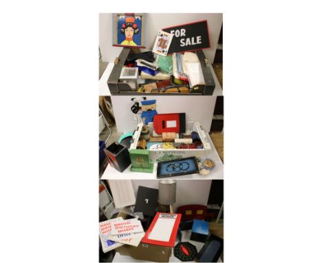 A large collection of vintage magic tricks and magicians props contained within five boxes to include a wide variety of trick