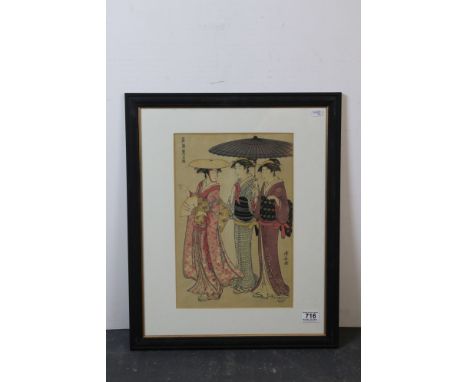 Kiyonaga (1752-1815) signed Japanese woodblock portrait of ladies in Traditional costume with Wagasa umbrella 