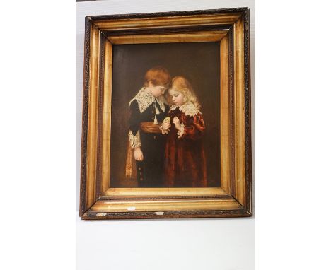 A vintage framed coloured print of a young girl and boy in 19th century costume. 