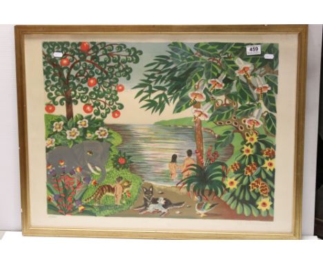20th century limited edition coloured lithograph by Giraudiere no 13/400 of a tropical island scene with figures and animals 