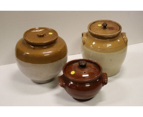 Three Vintage Salt Glazed Pots with Lids 