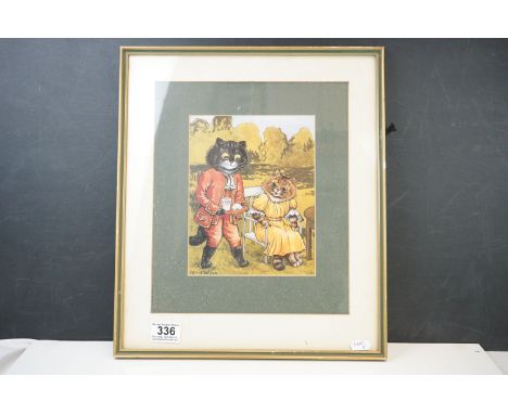 Louis Wain framed humorous car cartoon print depicting lady with butler 