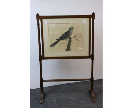 Late 19th / Early 20th century Mahogany Firescreen, the central panel holding a watercolour of a bird to one side, 107cms hig