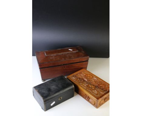 A Victorian mahogany tea caddy together with a antique jewellery box. 