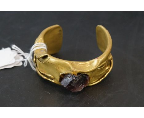 Brass ' Dutra's ' Brazillian Brutalist Cuff Bangle set with a rough cut raw amethyst, 7cms wide 