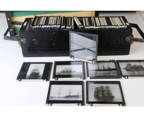 Magic Lantern Slides - approximately 81 slides relating to Sailing Ships, mostly photographic, contained in a wooden slide bo