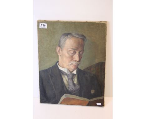 Malcolm Drummond early 20th century oil painting portrait of a man reading, unsigned. Paper label verso reads Charles Ginner,