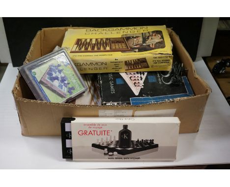 A group of boxed games to include Calvin Klein travel game set, a 1970s Backgammon Challenger computer game, glass chess set,