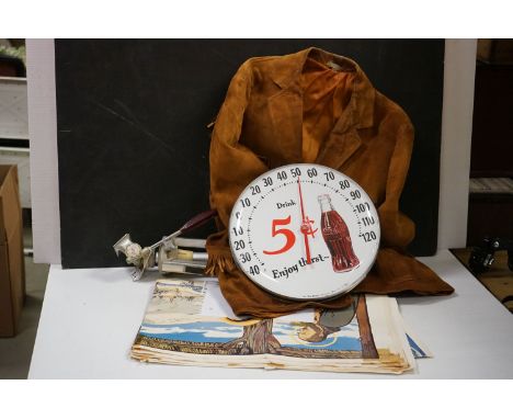 Group if items to include a vintage style Coca Cola wall clock, Suede jacket and a metal tripod 