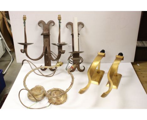 A wrought iron Gothic style twin branch wall light one other similar single, a pair Of Porto Romano wall lights in the form o
