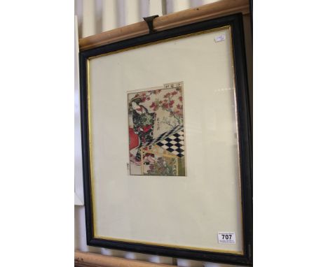 Signed Japanese woodblock portrait of a Geisha girl in an enchanted garden 