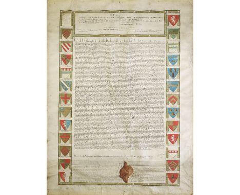 MAGNA CARTA, PRINTED ON VELLUMBy Permission of [...the named...] Trustees of the Cottonian Library. This Plate being a Correc