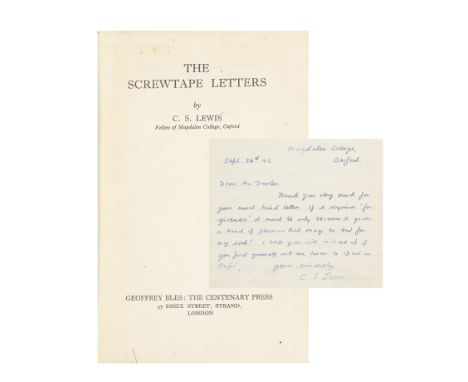 LEWIS (C.S.)The Screwtape Letters, FIRST EDITION, third printing, AUTOGRAPH LETTER SIGNED ('C.S. LEWIS') pasted inside upper 