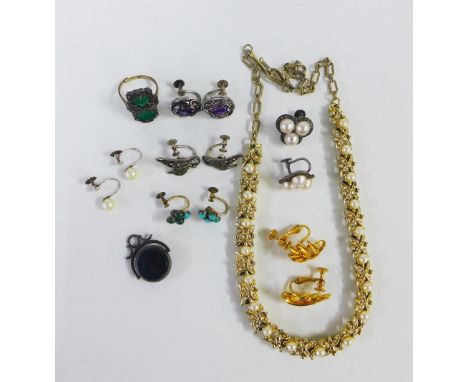 Collection of costume jewellery to include a marcasite ring, earrings, hardstone fob and a bracelet, etc  (a lot) 