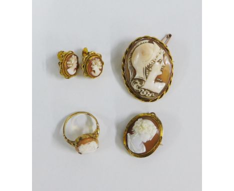 Cameo jewellery to include a 9ct gold ring, pair of earrings in 9ct gold mounts, together with two oval brooches in yellow me