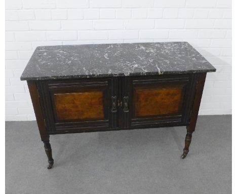 Mahogany and walnut washstand with a grey marble top, ceramic castors and Art Nouveau style handles, 107 x 76 x 46cm 
