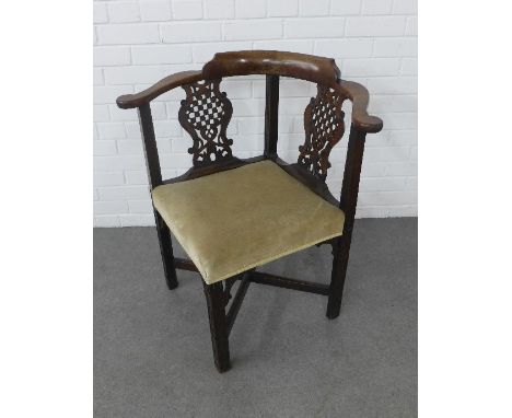 Chippendale style corner elbow chair with two pierced vasiform splats, upholstered seat and square chinoiserie legs, some rep