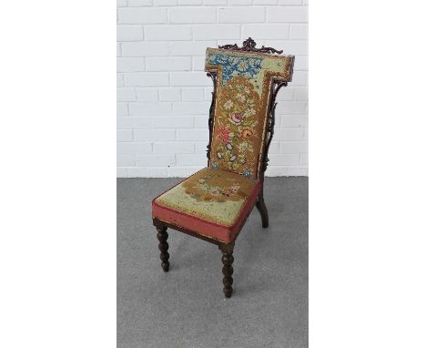 Child's rosewood prie dieu chair with pierced top rail, floral tapestry upholstery and bobbin legs, 81 x 35cm
