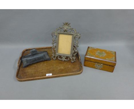 Mixed lot to include an Art Nouveau style inkwell, walnut box,oak tray and a brass frame, (4)