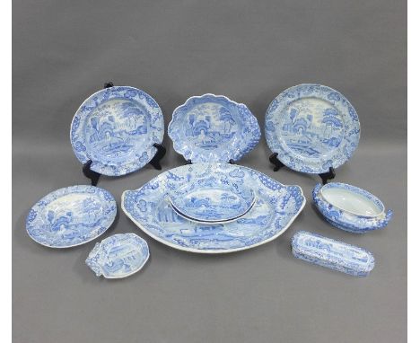 Spode blue and white transfer printed Castle pattern pottery to include an oval stand, sauce tureen, bowl, another smaller,pl