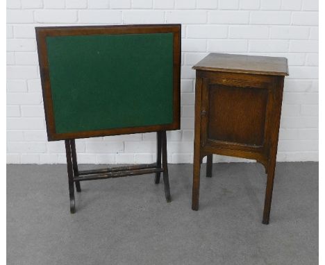 Early 20th century oak bedside and a folding card table, (2) 