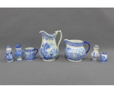 Collection of 19th century Staffordshire blue and white transfer printed pottery to include Ridgway oriental jug, Pastoral ju