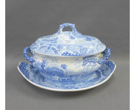 Spode blue and white transfer printed Castle pattern tureen and cove with its stand, (2) 