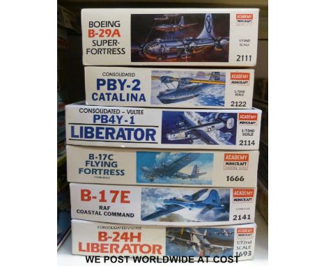 Six Academy Minicraft 1:72 scale model aircraft kits, all in original boxes, some unopened and sealed. 