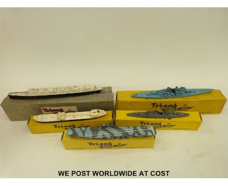 Five Tri-ang Minic 1:1200 scale Waterline Models Ships including HMS Vanguard, HMS Varicella, HMS Superb and HMS Centaur, all