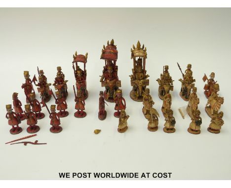 A late 18thC / early 19thC Indian ivory part chess set with hand-decorated gilt and painted decoration. The major pieces mode