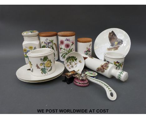 A collection of Portmeirion Botanic Garden to include storage jars, jardinieres, rolling pin, ladle etc