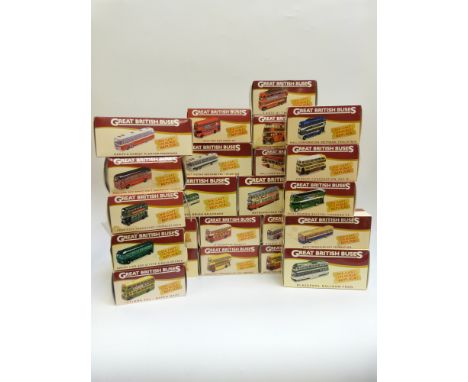 Twenty-three Atlas Editions diecast model Great British Buses all in original boxes, some with leaflets. 
