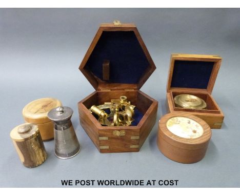 A cased sextant, compass, treen items and silver pepper mill