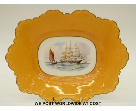 Royal Crown Derby cabinet plate hand decorated with a three masted sailing ship and a lugger, signed W R J  Dean (21 x 27.5cm