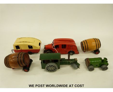 Six Tri-ang Minic tin plate clockwork vehicles comprising fire engine, steam roller, caravan, tractor and two Watneys Red Bar