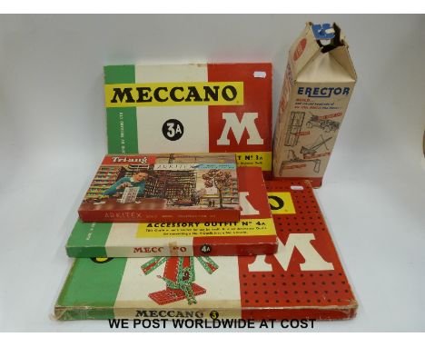 Three Meccano sets, 3, 3A and 4A together with a Spot-On Tri-ang Arkitex Model Construction Kit and a Gilbert Erector Set, al