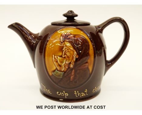 Royal Doulton Kingsware teapot inscribed 'The Cup that Cheers' (13cm tall)