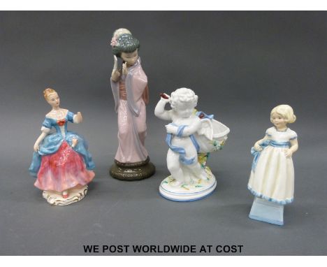 Four figures to include a Lladro oriental example, Royal Worcester 'Mondays Child', Wedgwood etc.