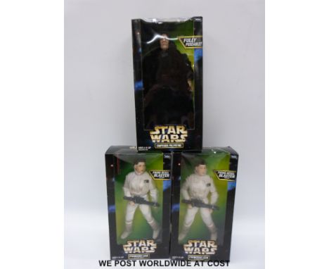 Three Kenner Star Wars action figures comprising two Princess Leia and Emperor Palpatine, all in original boxes