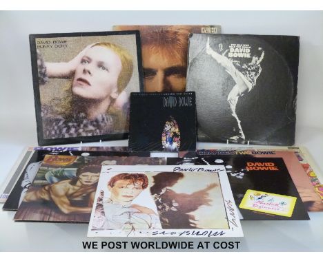 David Bowie.  Nine original LPs, two 12” and one 7” single, includes: “Space Oddity” (USA 1972 with pink inner lyric sheet); 