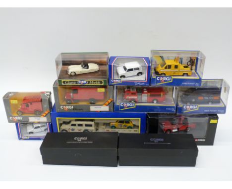 Twelve Corgi diecast model vehicles including two Connoisseur collection Jaguars, Land Rover Safari Rally Set, Mack B Wrecker