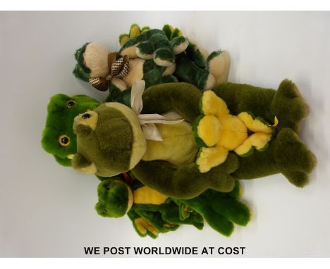 Five Steiff and Merrythought teddy bears in the form of frogs, the largest 50cm tall