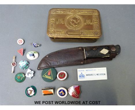 A sheath knife in leather sheath having further tools to handle, together with a 1914 Christmas tin and a quantity of country