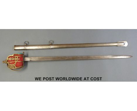 A Scottish basket hilt replica broadsword with steel blade and scabbard, overall length 99cm