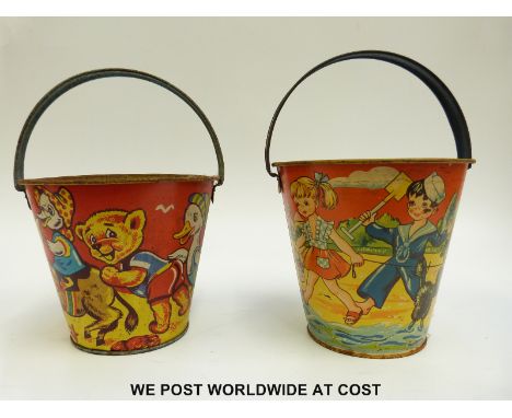 Two ACME Chad Valley child's metal buckets, with decoration of beach scenes